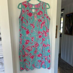 Anaclare Aqua and Hot Pink Flamingo Print Midi Dress reversible!! Two for one!